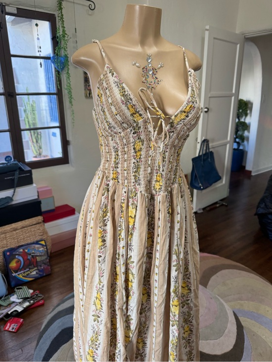 Free People Dresses & Skirts - Floral Smocked Bodice Spaghetti-Strap Maxi Dress in Beige and Yellow size M